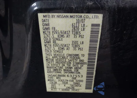 2008 Nissan Pathfinder Se from USA, damaged, VIN 5N1AR18B88C637553